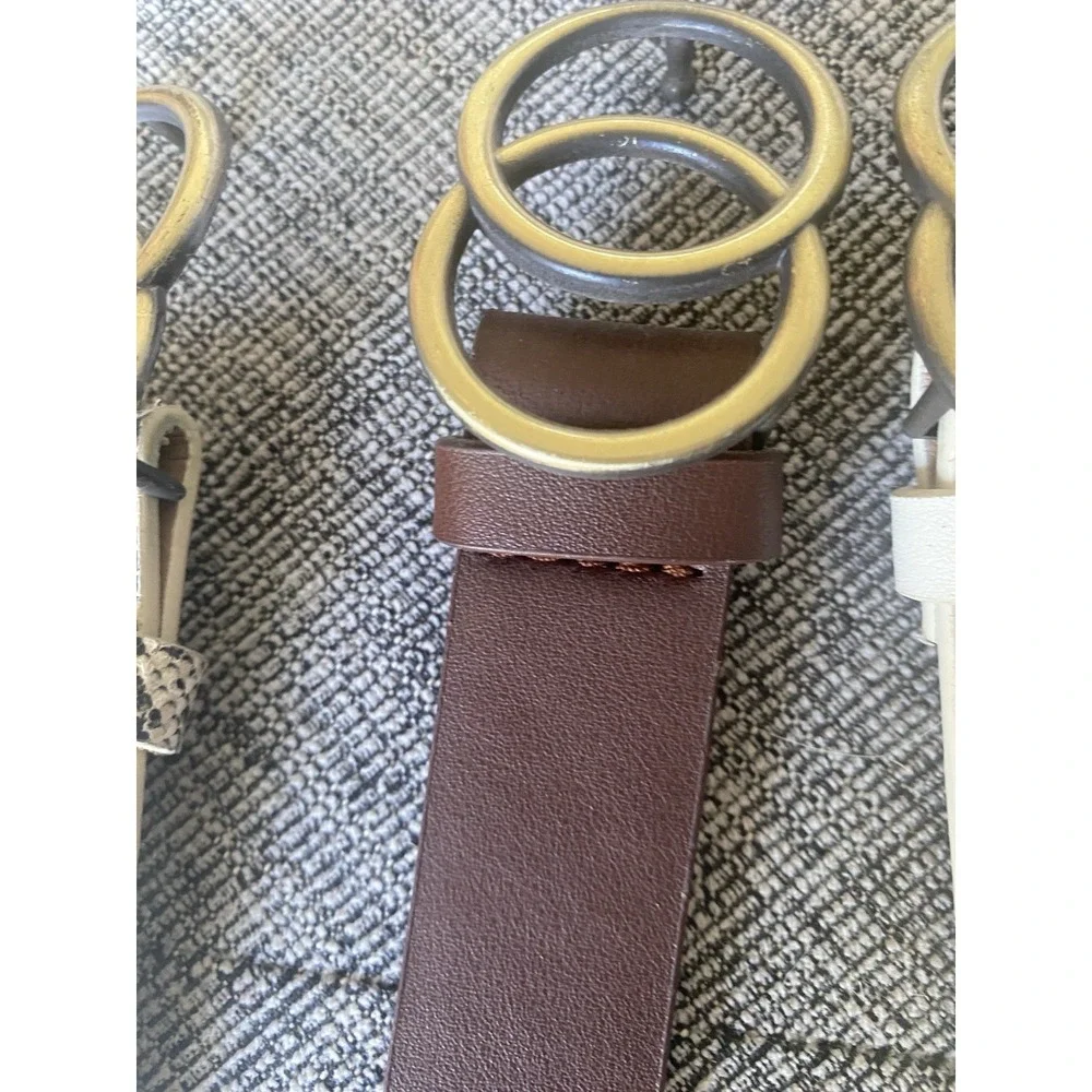 Set of 3 Double Circle Buckle‎ Belts - Snakeskin, Brown, White - Size M-L